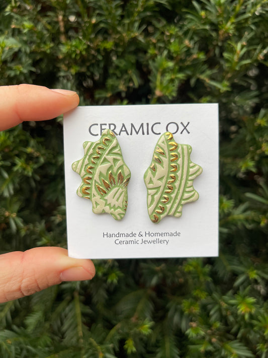 Sage block print scalloped studs