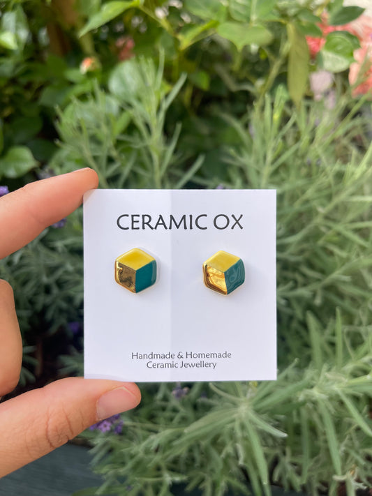 Small 3d effect hexagon studs - teal/yellow/gold